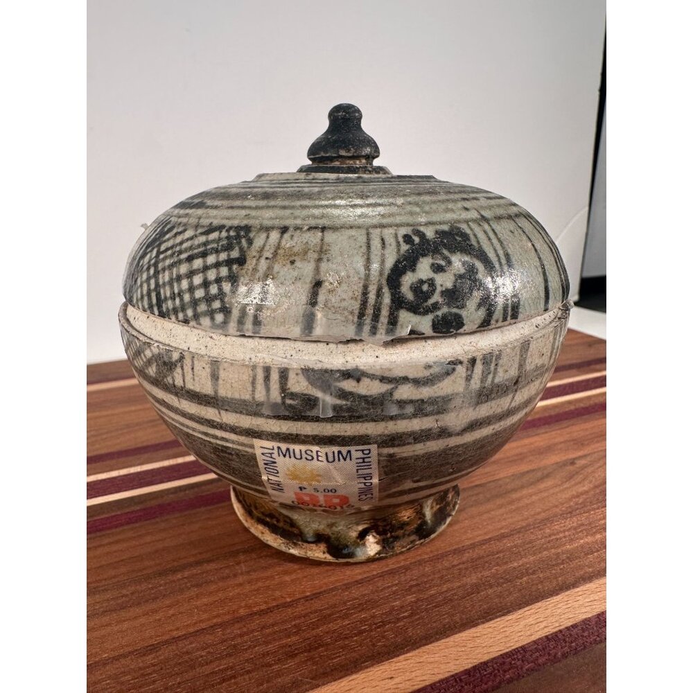 Antique Ceramic Lidded Jar With Hand-Painted Design & Rustic Finish